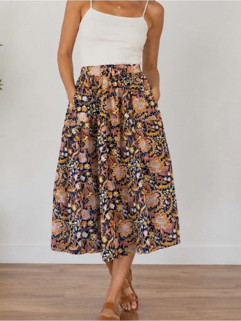 Tahari Floral Linen Midi Skirt Size Large